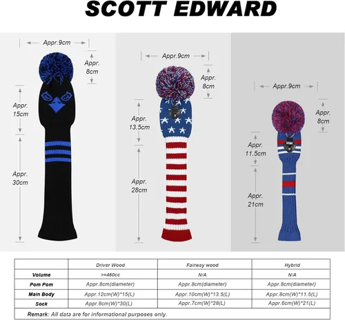Vista 6 de Scott Edward Juego de 3 fundas tejidas para cabezas de golf para madera, se adaptan bien al conductor (460 cc) de madera de calle e híbrida (UT)