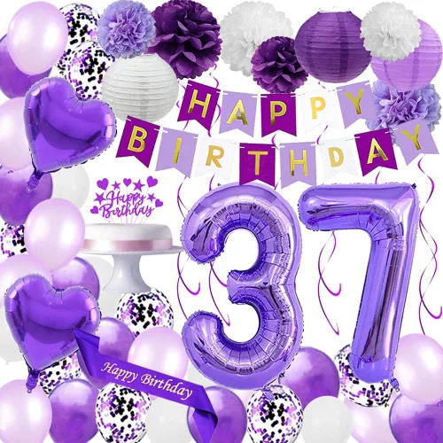 Juego de decoraciones de cumpleaños número 37 de color morado, banderines y decoración para tartas, globos de látex con confeti número 37, faroles