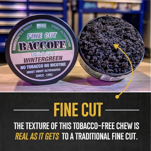 Vista 4 de 10 latas, BaccOff Extra Wintergreen corte fino, sin tabaco premium, alternativa al tabaco sin nicotina