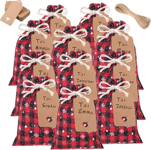 Vista 10 de Shappy 48 bolsas navideñas con cordón ajustable, bolsas de dulces de arpillera a cuadros búfalo de Navidad, saco de golosinas de lino, bolsa