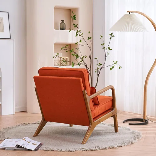 Vista 5 de Sillón tapizado para sala de estar, moderno de lino para interiores, silla de ocio individual con reposabrazos de roble y almohada lumbar, silla