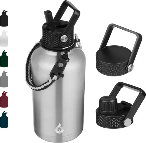 Vista 108 de BJPKPK - Botellas de agua aisladas con tapa de popote, botella de agua de acero inoxidable de 27 onzas con 3 tapas, termo de metal sin BPA a prueba