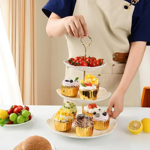 Vista 7 de Soporte de cerámica para cupcakes de 3 niveles, bandeja escalonada blanca para cupcakes, soporte de servicio de 3 niveles para fiesta de té
