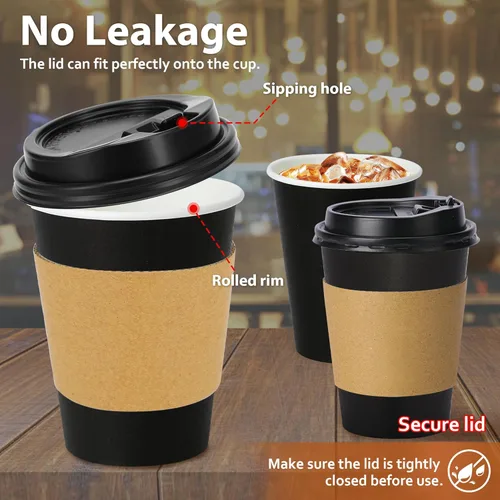 Vista 2 de Clawsoff Paquete de 100 tazas de café de papel desechables de 12 onzas con tapas y mangas, vasos de papel aislados desechables sin fugas para Negro