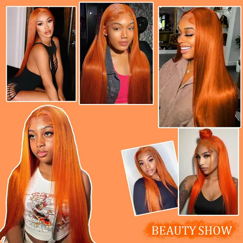 Vista 2 de PANDA ANGEL Peluca de encaje frontal de jengibre de cabello humano 13x4 lacio, naranja jengibre, frontal de encaje HD transparente sin pegamento