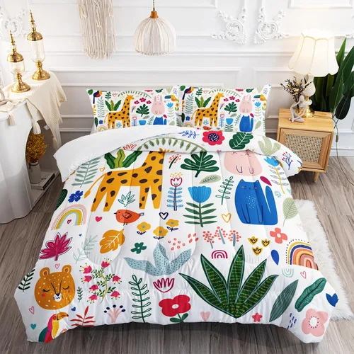 Vista 10 de Juego de edredón de dinosaurio de dibujos animados y arco iris, juego de ropa de cama de 3 piezas de dinosaurio Kawaii para todas las estaciones