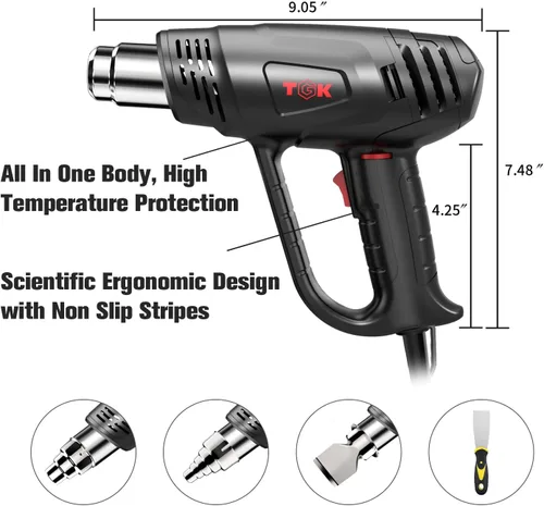 Vista 4 de Pistola de calor, TGK® Kit de pistola de aire caliente resistente de 1800 W, 122 ℉ ~ 1202 ℉ con ajustes de temperatura dual con 3 accesorios