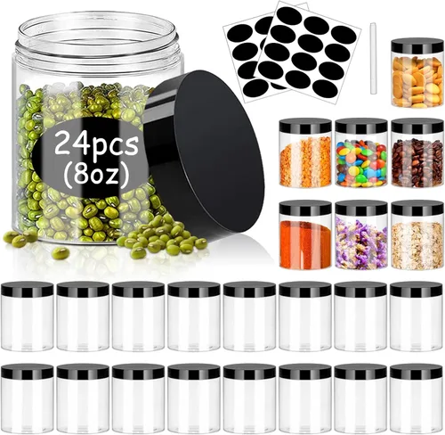 Vista 10 de SLifeJars Tarros de plástico de 4 onzas, 48 frascos redondos transparentes de boca ancha con tapas negras, tarro de limo vacío, recargable