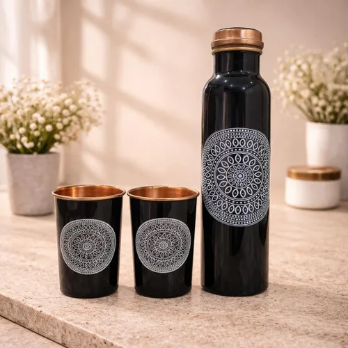 Hammered Pure Copper Water Bottle with Glass Set | 100% Copper Bottle Set | Leak Proof, Ayurvedic Health Benefits, Premium Design Gift Set for Home,
