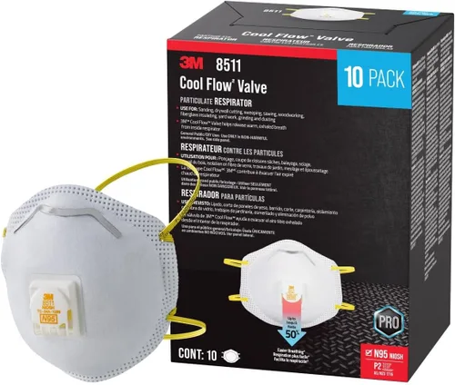 3M - Respirador N95 8511, paquete de 10, aprobado por NIOSH, N95, cuenta con válvula de exhalación 3M COOL FLOW, alivio del polvo y ciertas