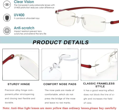 Vista 5 de Lentes de lectura sin montura para mujer, Tr90, con bloqueo de luz azul, ligeros, sin marco, para lectura de computadora