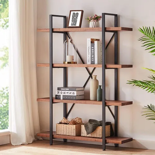 HSH Solid 4 Tier Natural Real Wood Bookshelf, 4 Shelf Rustic Wooden and Metal Bookcase, Farmhouse Open Vintage Industrial Etagere Book Shelf for