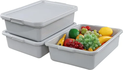 Vista 4 de Paquete de 3 cajas de bañera de autobús comercial de 13 L, bañeras de plástico para restaurante con tapas, color gris