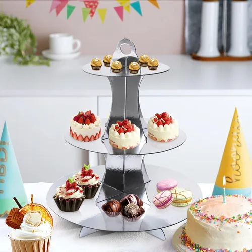 Vista 6 de Soleebee Soporte redondo de 3 niveles para cupcakes, torre de cartón para cupcakes, torre de postre para decoración de cumpleaños, bodas, fiestas, 1