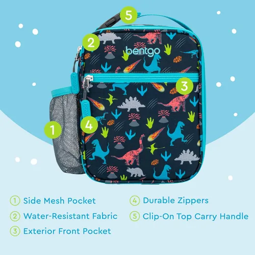 Vista 6 de Bentgo - Bolsa de almuerzo aislada para niños, resistente al agua, reutilizable, ligera y duradera, con soporte para botella de agua y bolsillo