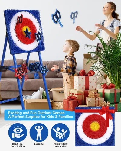 Vista 6 de Sidske Axe Throwing Game for Backyard, 8 Axes & 8 Stars, Bristle Target Azul