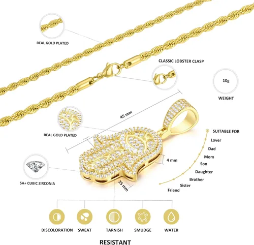 Vista 2 de Collar con colgante de mano Hamsa chapado en oro real de 18 quilates o blanco con dije de mano de Hamsa, protección de buena suerte, cadena