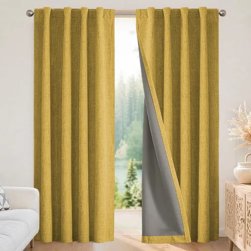 Vista 11 de Joydeco - Cortinas 100% opacas, 2 paneles de lino natural para oscurecer habitación, aislamiento térmico, trabillas traseras y bolsillo para barra