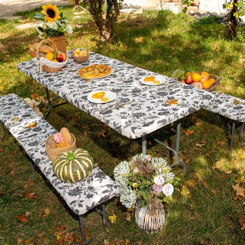 Vista 2 de ARTABLE Fundas para mesa de pícnic, bordes elásticos, rectangulares ajustadas, mesas de 6 pies, impermeables, juego de 3 piezas para camping, viaje