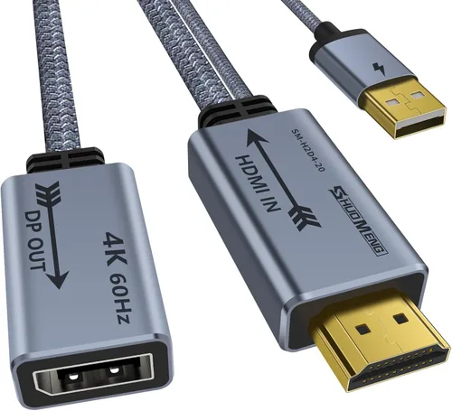Adaptador HDMI a DisplayPort 4K a 60Hz, convertidor HDMI 2.0 a DP 1.2, alimentado por USB, cable de 0.65 pies, unidireccional, compatible con PS5,