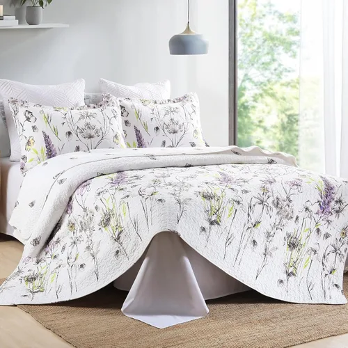 Vista 2 de PANGUSHAN Juego de edredón tamaño Queen – Juego de edredón 100% algodón, colcha botánica floral con 2 fundas de almohada, ropa de cama ligera