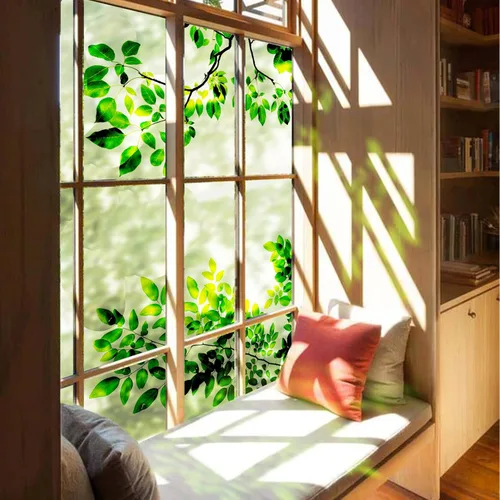 Vista 13 de Adhesivos florales para ventana con hojas verdes para decorar puertas de vidrio, hojas tropicales de plátano