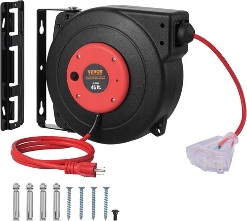 Vista 13 de VEVOR Carrete de cable de extensión retráctil, 30 pies, resistente 16 AWG/3C SJTOW carrete de cable de alimentación retráctil con salida triple