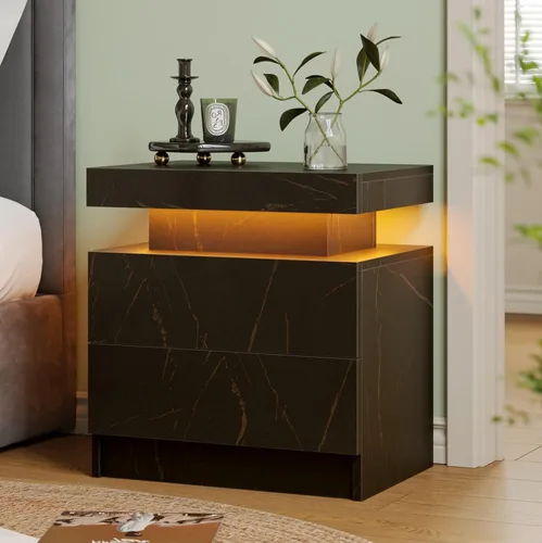 Mesa auxiliar de noche para dormitorio con cajón, mesita de noche con luces LED, mesas auxiliares modernas para dormitorio, color negro