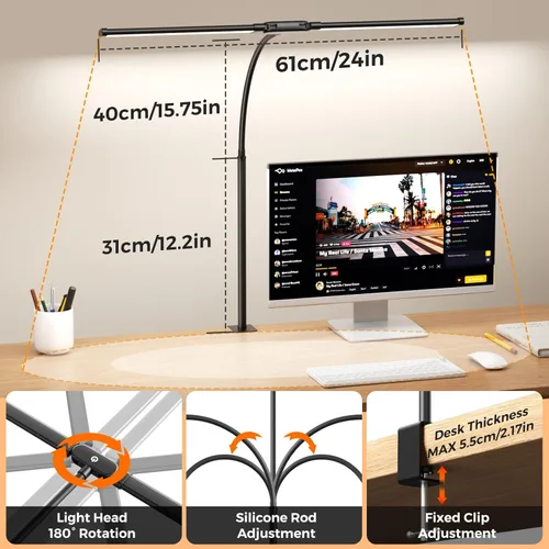 Vista 2 de SKYLEO LED Desk Lamp with Clamp - Double Head Desk Light with Remote and Touch - Eye Protection - 12 W, 5 Color Modes, Timer and Memory Function