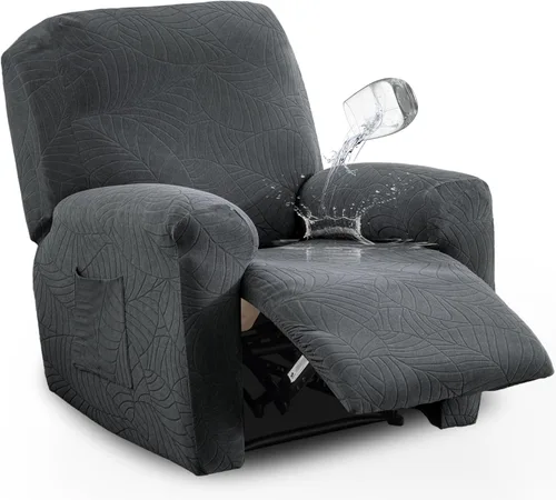 Vista 26 de vctops Funda repelente al agua para silla reclinable de 4 piezas con bolsillo lateral, diseño de hojas de jacquard, elástica, suave, protector
