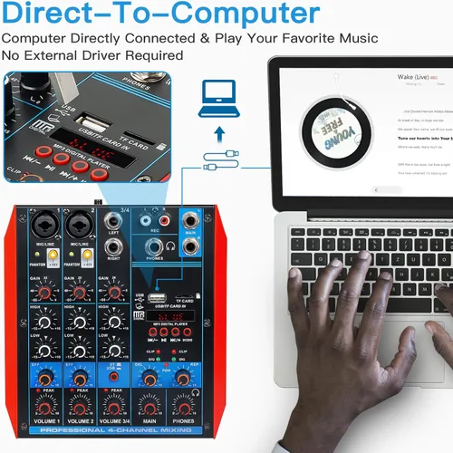 Vista 7 de Mezclador de audio de 4 canales, mini consola portátil de placa de sonido con interfaz de audio USB de 48 V Phantom Power Bluetooth USB MP3 DJ Mixer