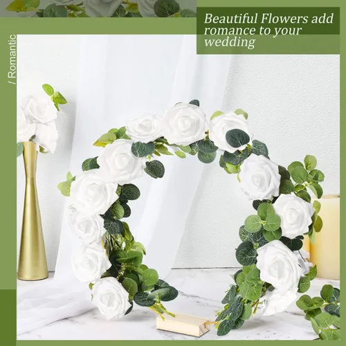 Vista 6 de 15 piezas de centro de mesa de metal con diseño floral, centro de mesa de aro con soporte, centros de mesa dorados para mesa, 15 soportes de madera