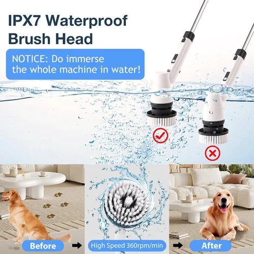 Vista 5 de Cepillo eléctrico giratorio, cepillo de limpieza de ducha inalámbrico con mango largo ajustable, 7 cabezales de cepillo reemplazables, 2 velocidades