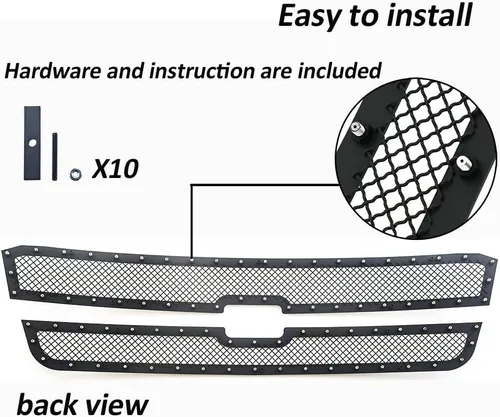 Vista 4 de Rejilla de malla para 2003-2006 Chevy Avalanche 2003-2004 2500/3500/2500 HD 2003-2005 Chevy Silverado 1500/SS Inserto de rejilla con remaches negros