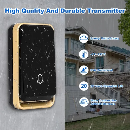 Vista 4 de 【No requiere batería】Timbre inalámbrico impermeable, kit de timbre de puerta AURTEC con 2 receptores flash LED enchufables y 1 transmisor