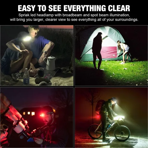 Vista 7 de Linterna frontal LED, 1000 lúmenes, 230° de haz ancho, linterna frontal recargable por USB con luz trasera roja, luz ligera e impermeable