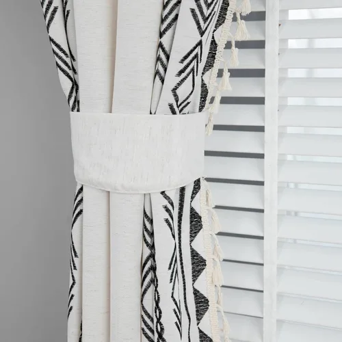 Vista 6 de VOGOL Cortinas bohemias con textura de lino, cortinas bordadas con flechas negras para sala de estar, bolsillo para barra, tratamiento de ventana