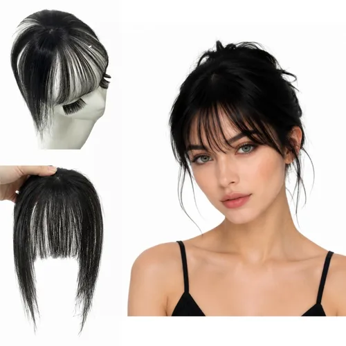 Vista 11 de Anemone - Cubrecabello humano de 10 pulgadas con flequillo francés para mujer, base de encaje para mujer, tuppe, ligero y lacio, parte media