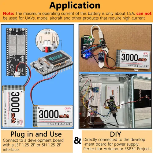 Vista 7 de Batería recargable de 3.7V 3000mAh 1S 1C LiPo Batería para ESP32, Raspberry Pi, IoT, altavoz y dispositivo inalámbrico con placa de protección