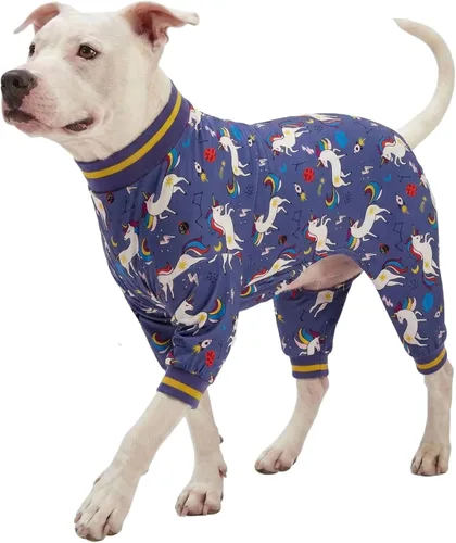 LovinPet Mameluco para perros de raza grande, ajuste delgado/tejido elástico, estampado gris cohete de unicornio, alivio de la ansiedad de las