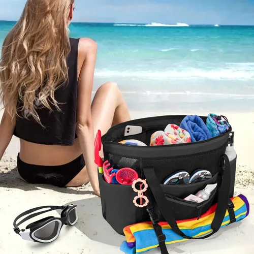 Vista 8 de Fasrom Extra Large Mesh Beach Bag with Zipper Bottom Family Beach Tote Bag with Wet and Dry Separation Patent Design