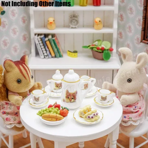Vista 4 de Odoria Juego de té de porcelana en miniatura 1/12, 15 piezas, accesorios de decoración de casa de muñecas, gato