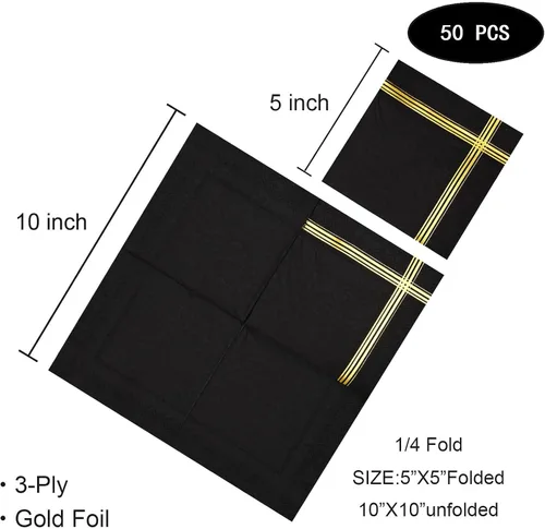 Vista 2 de 50 servilletas doradas negras de 3 capas, servilletas de cóctel de 5 x 5 pulgadas, servilletas de barra de papel dorado con borde de rayas