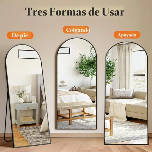 Vista 3 de DUMOS - Espejo de pie arqueado de cuerpo completo con soporte, marco de aluminio, para colgar o apoyar, nanocristal inastillable, para decorar