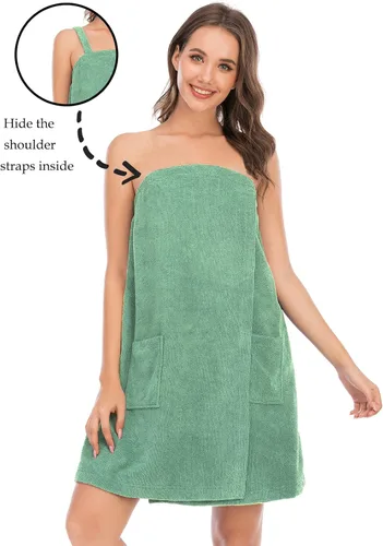 Vista 2 de Rubehoow - Bata de baño para mujer, envoltura de toalla con cierre de velcro ajustable con bolsillos y diadema facial