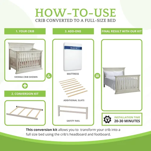 Vista 5 de Kit de conversión de tamaño completo, rieles de cama para cunas de bebé, múltiples acabados disponibles (blanco antiguo)