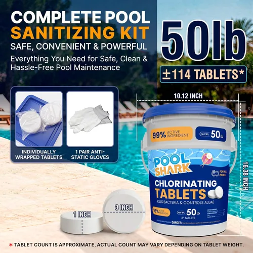 Vista 2 de Tabletas de cloro para piscina Pool Shark - Tabletas de cloro de 3 pulgadas - Pastillas de cloro activo al 90% de disolución lenta - Productos