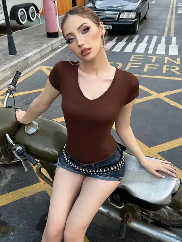 Vista 6 de Body de manga corta de 3 piezas para mujer, cuello en V, elástico, básico, traje de cuerpo