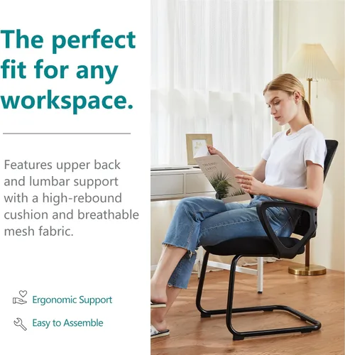 Vista 5 de DUMOS Juego de 2 sillas de escritorio de oficina con base de trineo, sillas ergonómicas de malla ejecutiva para computadora con soporte lumbar