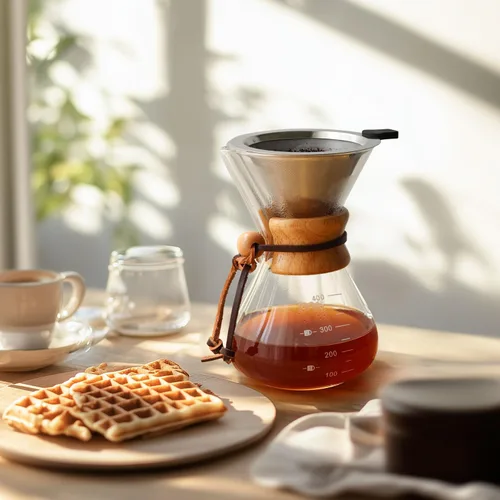 Vista 7 de Cafetera de 17 onzas, cafetera de goteo de vidrio borosilicato de 4 tazas con filtro de acero inoxidable reutilizable y agarre de corcho para café